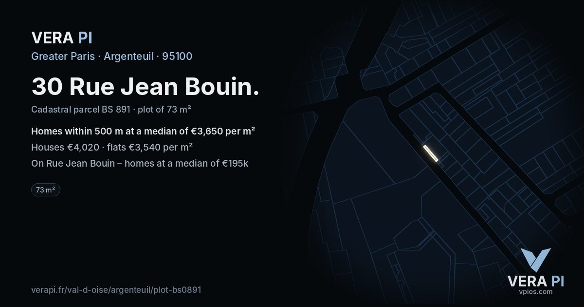 30 Rue Jean Bouin, Argenteuil at night – the plot lit, the parcels around coloured by the prices near them