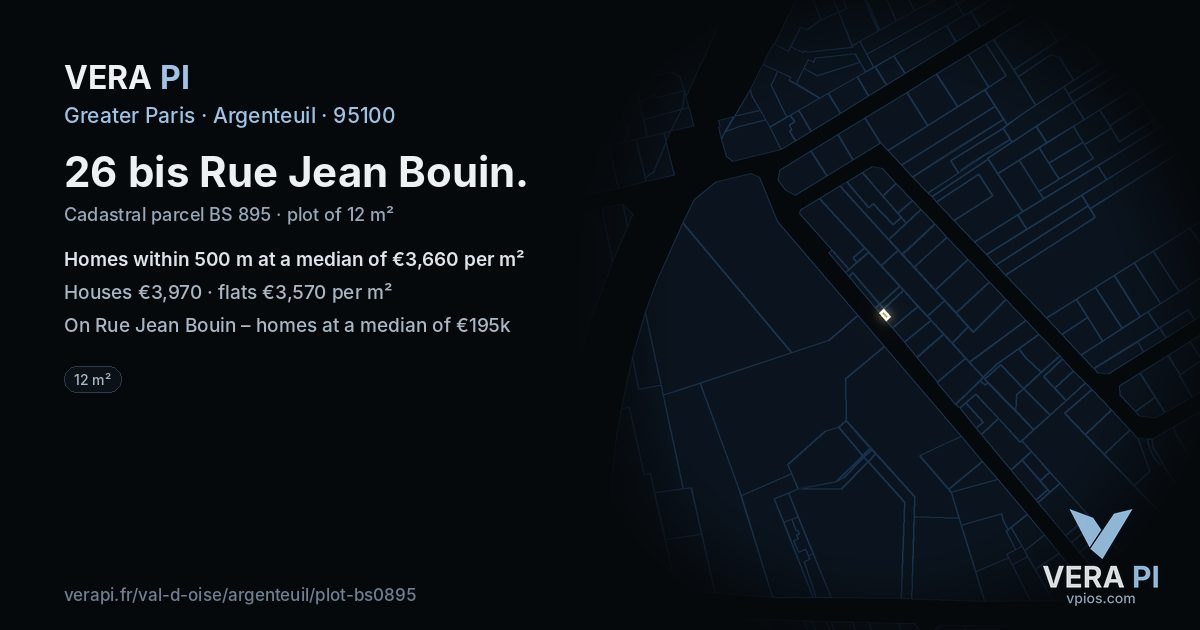 26 bis Rue Jean Bouin, Argenteuil at night – the plot lit, the parcels around coloured by the prices near them