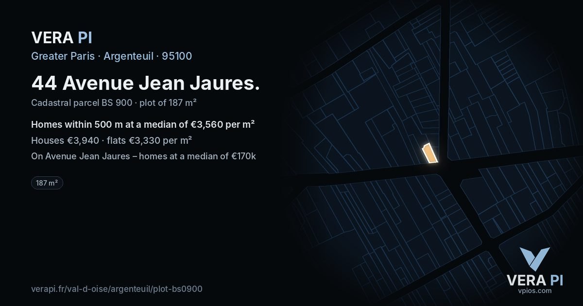 44 Avenue Jean Jaures, Argenteuil at night – the plot lit, the parcels around coloured by the prices near them
