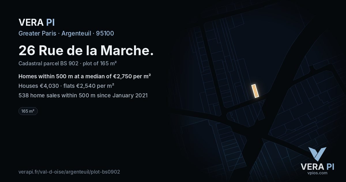 26 Rue de la Marche, Argenteuil at night – the plot lit, the parcels around coloured by the prices near them