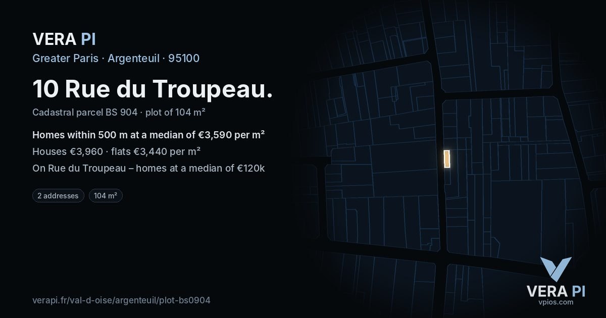 10 Rue du Troupeau, Argenteuil at night – the plot lit, the parcels around coloured by the prices near them