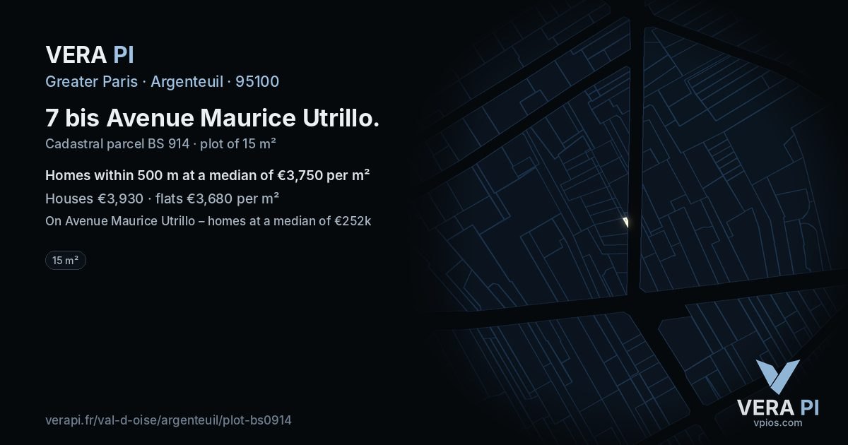 7 bis Avenue Maurice Utrillo, Argenteuil at night – the plot lit, the parcels around coloured by the prices near them