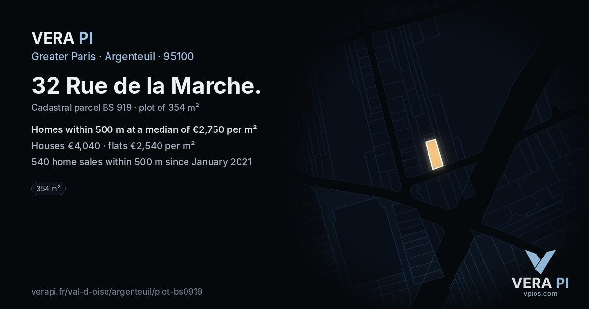 32 Rue de la Marche, Argenteuil at night – the plot lit, the parcels around coloured by the prices near them