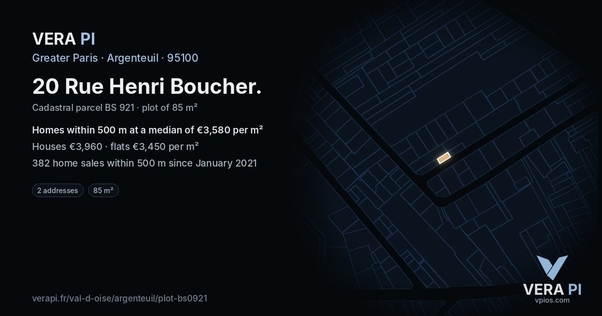 20 Rue Henri Boucher, Argenteuil at night – the plot lit, the parcels around coloured by the prices near them