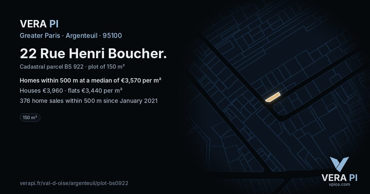 22 Rue Henri Boucher, Argenteuil at night – the plot lit, the parcels around coloured by the prices near them