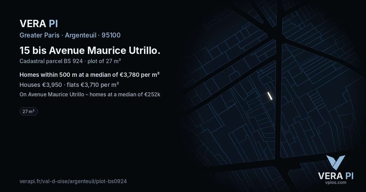 15 bis Avenue Maurice Utrillo, Argenteuil at night – the plot lit, the parcels around coloured by the prices near them