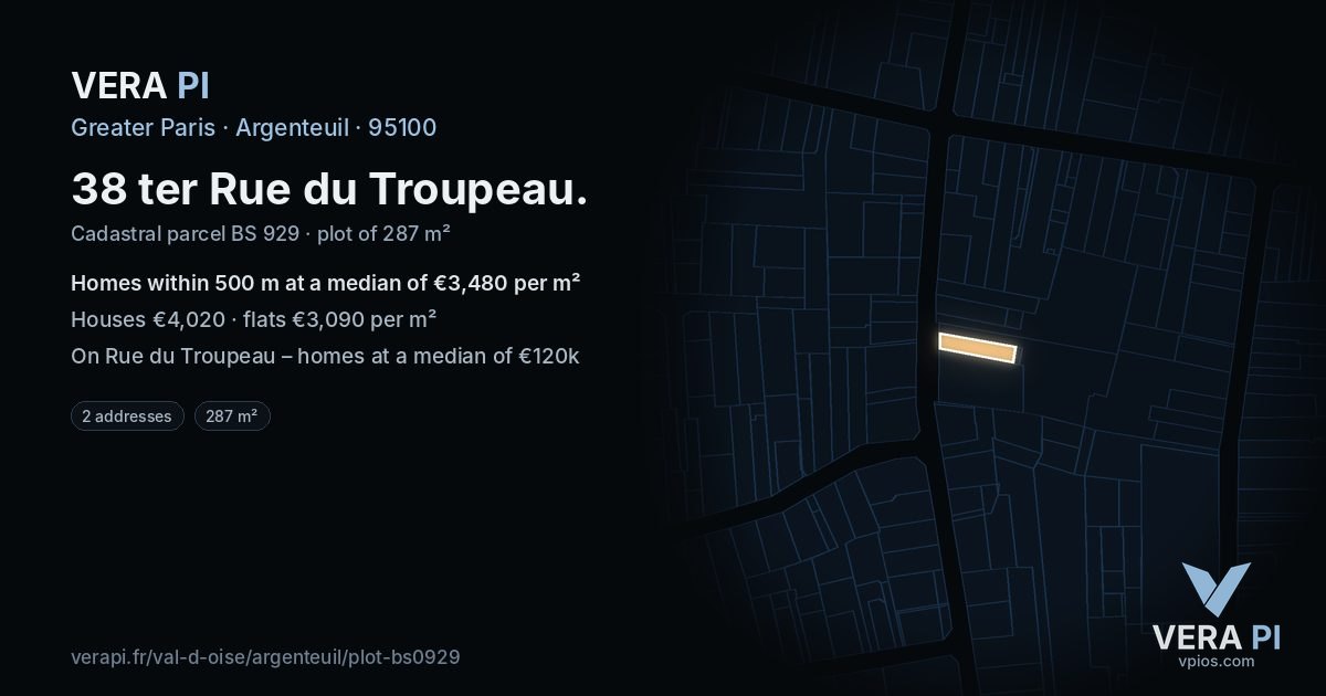 38 ter Rue du Troupeau, Argenteuil at night – the plot lit, the parcels around coloured by the prices near them