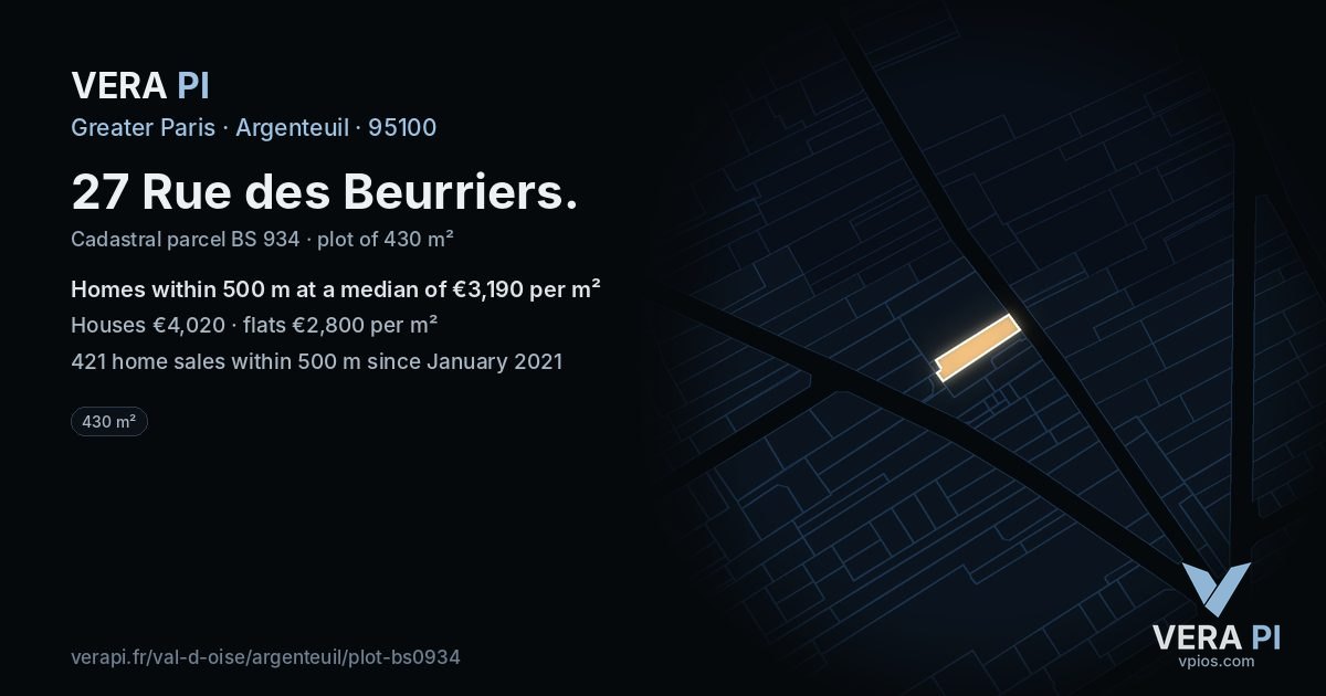 27 Rue des Beurriers, Argenteuil at night – the plot lit, the parcels around coloured by the prices near them