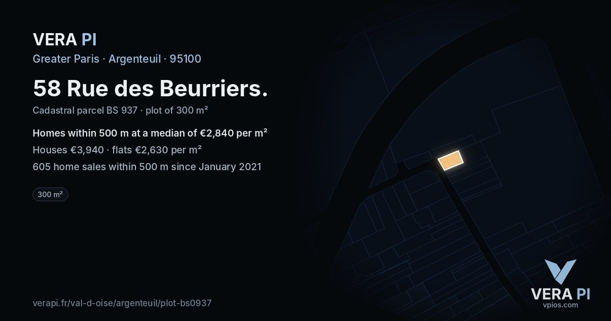 58 Rue des Beurriers, Argenteuil at night – the plot lit, the parcels around coloured by the prices near them