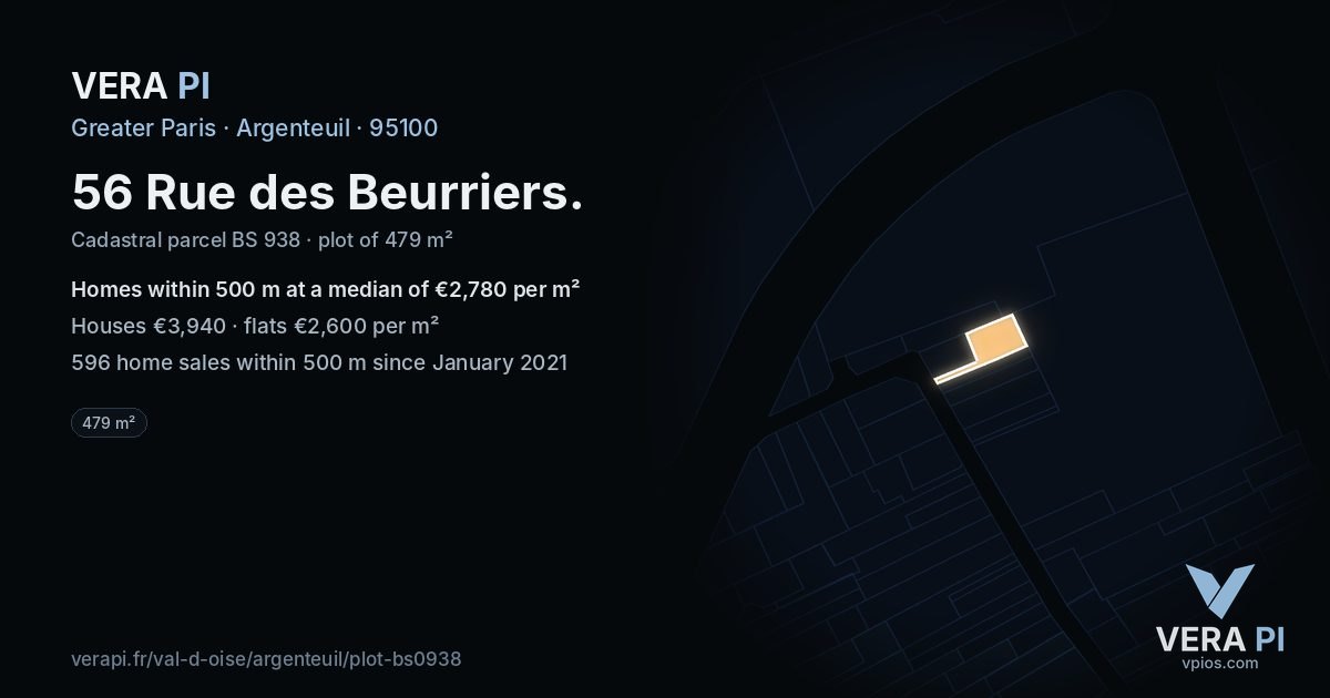56 Rue des Beurriers, Argenteuil at night – the plot lit, the parcels around coloured by the prices near them
