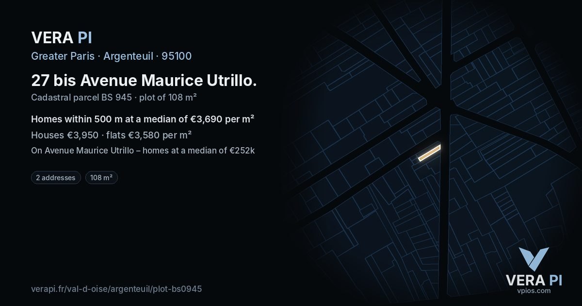 27 bis Avenue Maurice Utrillo, Argenteuil at night – the plot lit, the parcels around coloured by the prices near them