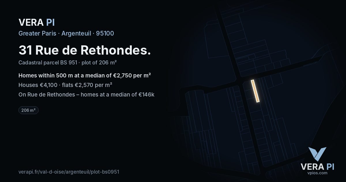 31 Rue de Rethondes, Argenteuil at night – the plot lit, the parcels around coloured by the prices near them