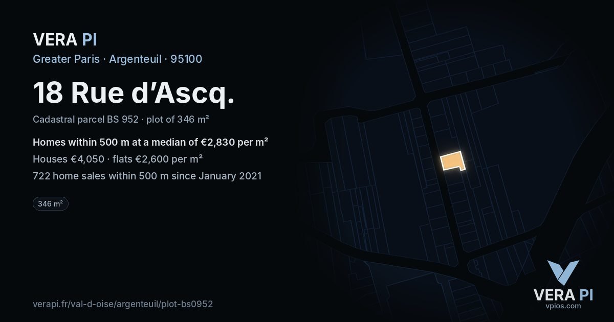 18 Rue d’Ascq, Argenteuil at night – the plot lit, the parcels around coloured by the prices near them