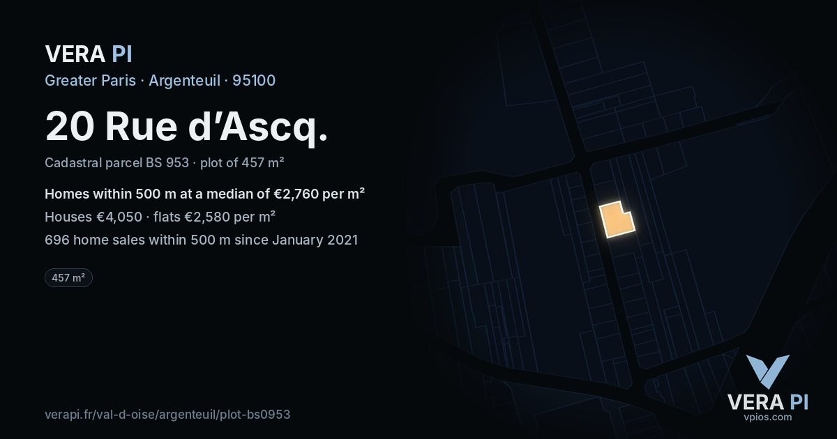 20 Rue d’Ascq, Argenteuil at night – the plot lit, the parcels around coloured by the prices near them