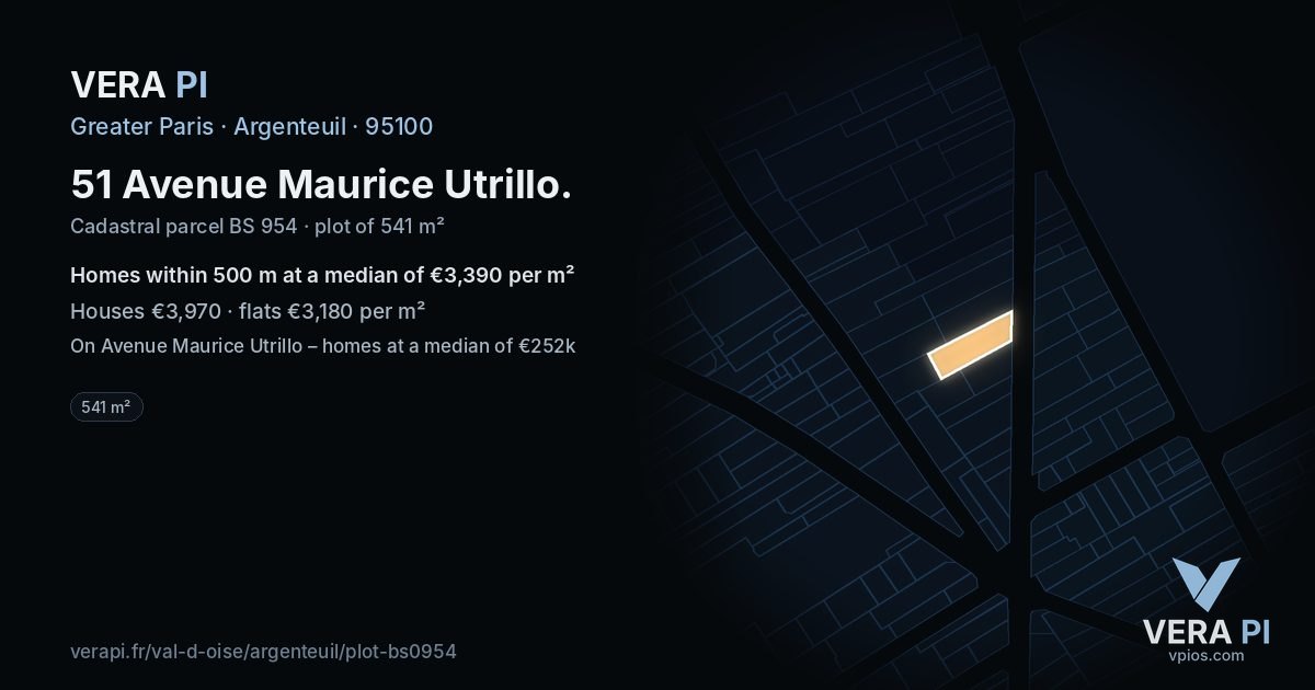 51 Avenue Maurice Utrillo, Argenteuil at night – the plot lit, the parcels around coloured by the prices near them