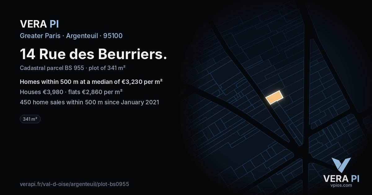14 Rue des Beurriers, Argenteuil at night – the plot lit, the parcels around coloured by the prices near them