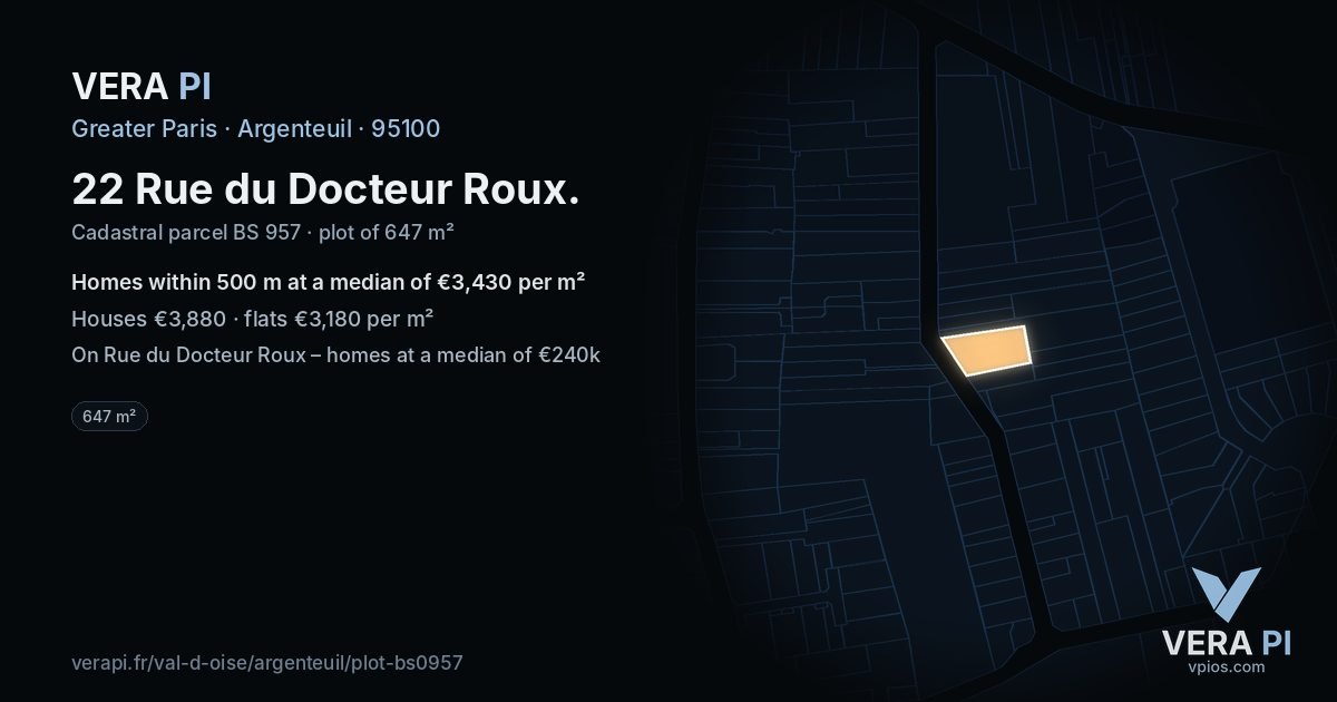 22 Rue du Docteur Roux, Argenteuil at night – the plot lit, the parcels around coloured by the prices near them