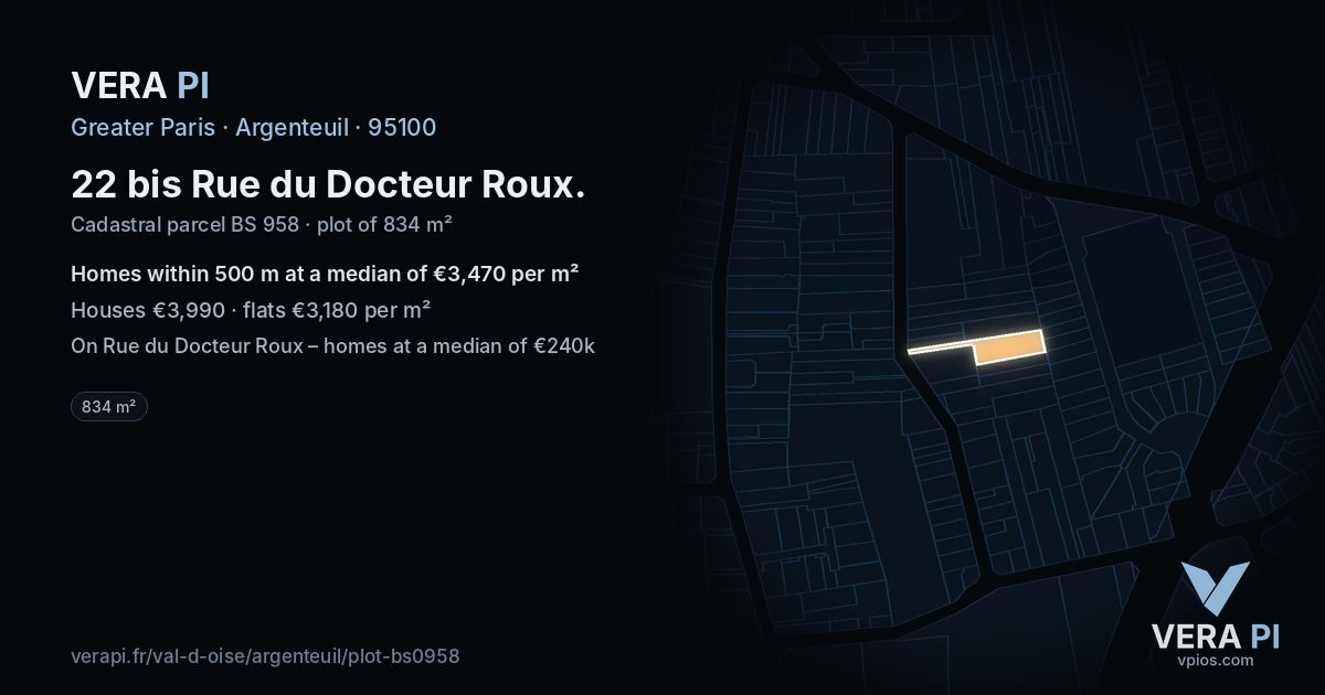 22 bis Rue du Docteur Roux, Argenteuil at night – the plot lit, the parcels around coloured by the prices near them