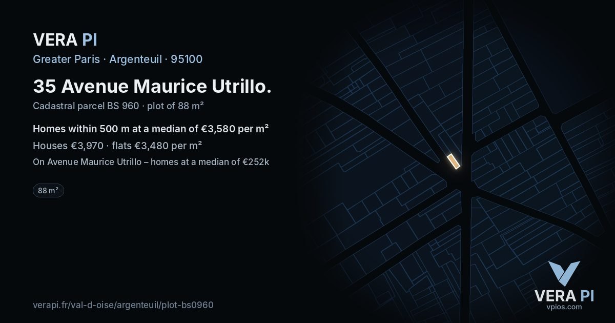 35 Avenue Maurice Utrillo, Argenteuil at night – the plot lit, the parcels around coloured by the prices near them