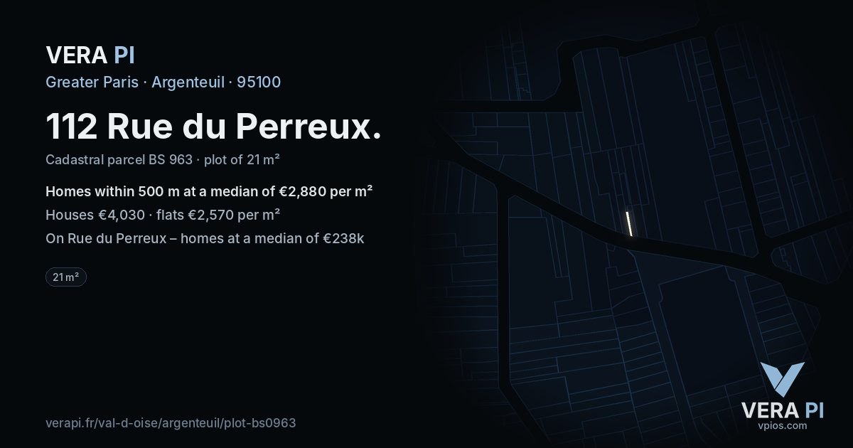 112 Rue du Perreux, Argenteuil at night – the plot lit, the parcels around coloured by the prices near them