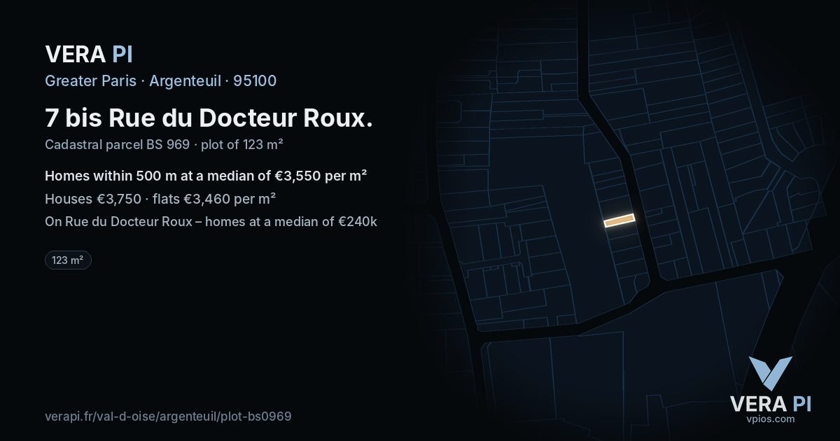 7 bis Rue du Docteur Roux, Argenteuil at night – the plot lit, the parcels around coloured by the prices near them