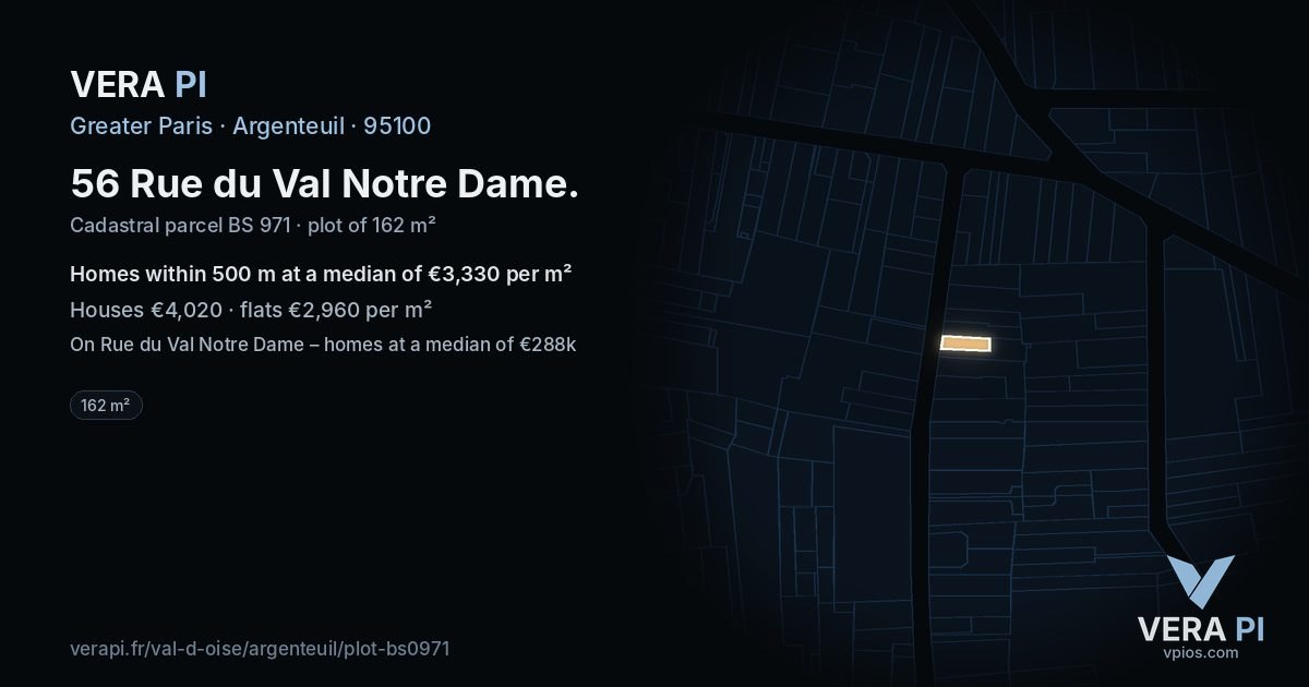 56 Rue du Val Notre Dame, Argenteuil at night – the plot lit, the parcels around coloured by the prices near them