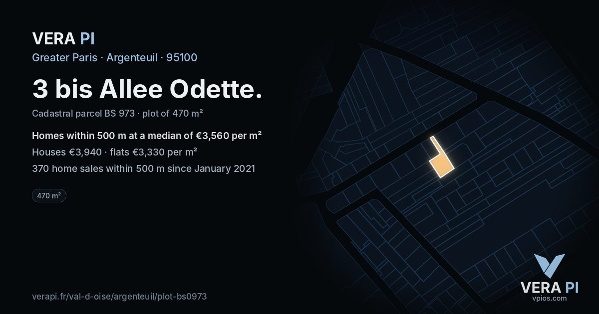 3 bis Allee Odette, Argenteuil at night – the plot lit, the parcels around coloured by the prices near them