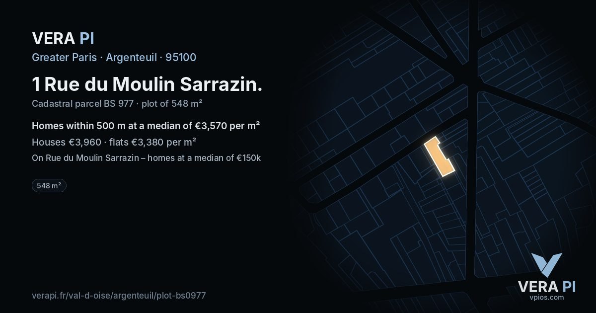 1 Rue du Moulin Sarrazin, Argenteuil at night – the plot lit, the parcels around coloured by the prices near them