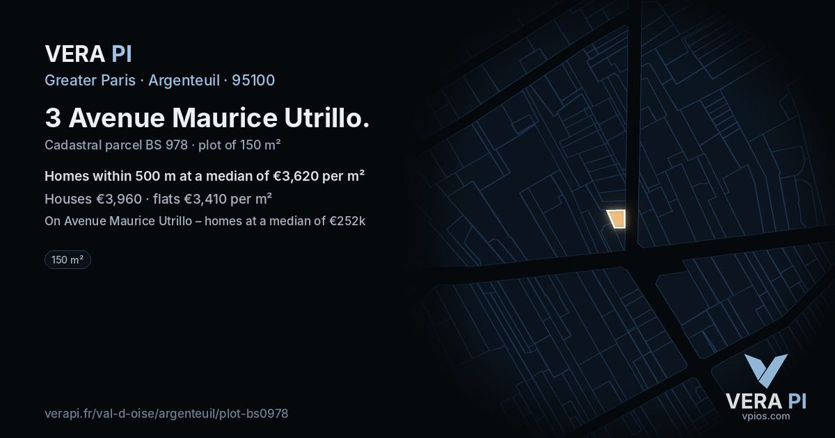 3 Avenue Maurice Utrillo, Argenteuil at night – the plot lit, the parcels around coloured by the prices near them
