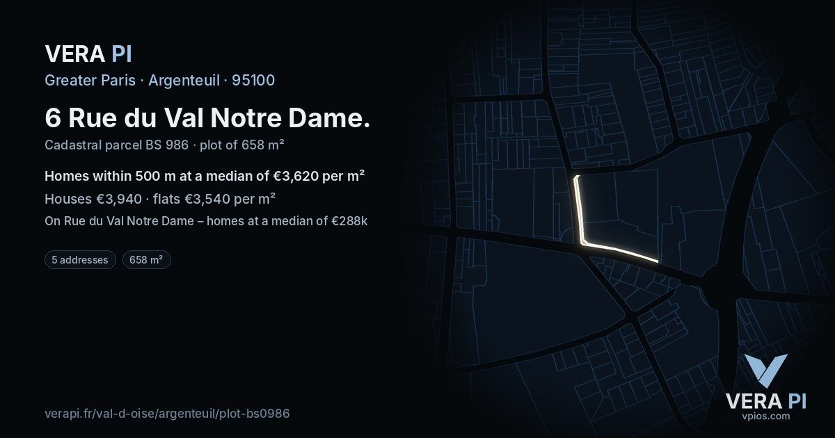6 Rue du Val Notre Dame, Argenteuil at night – the plot lit, the parcels around coloured by the prices near them