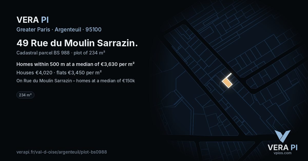 49 Rue du Moulin Sarrazin, Argenteuil at night – the plot lit, the parcels around coloured by the prices near them