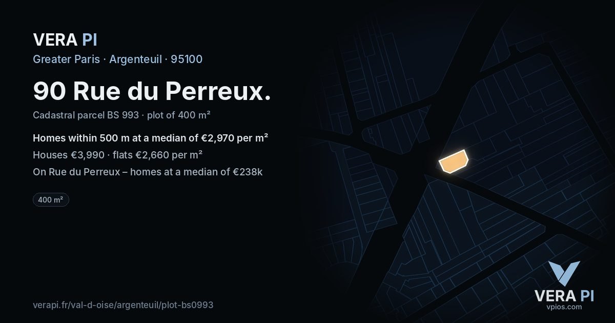 90 Rue du Perreux, Argenteuil at night – the plot lit, the parcels around coloured by the prices near them