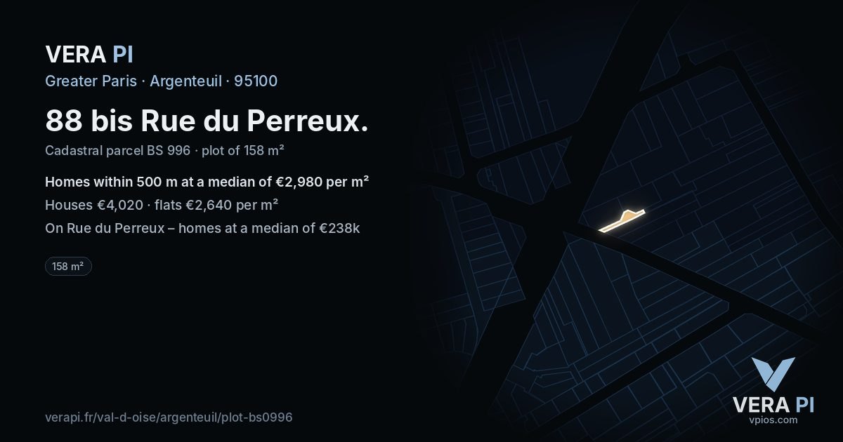 88 bis Rue du Perreux, Argenteuil at night – the plot lit, the parcels around coloured by the prices near them