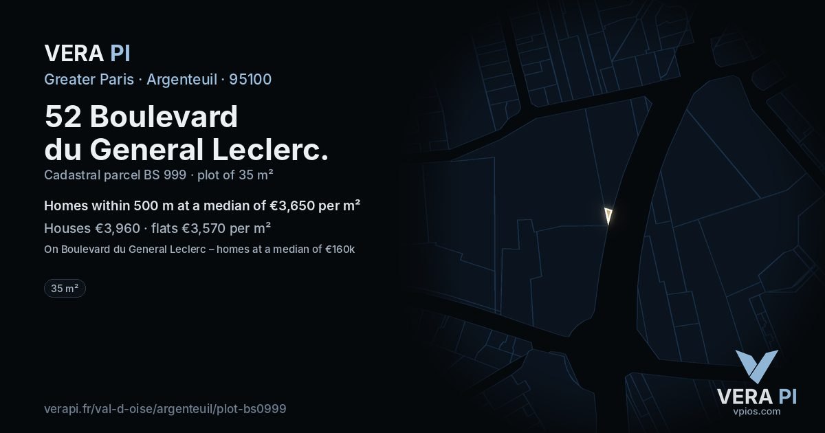 52 Boulevard du General Leclerc, Argenteuil at night – the plot lit, the parcels around coloured by the prices near them
