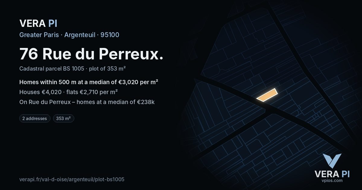 76 Rue du Perreux, Argenteuil at night – the plot lit, the parcels around coloured by the prices near them