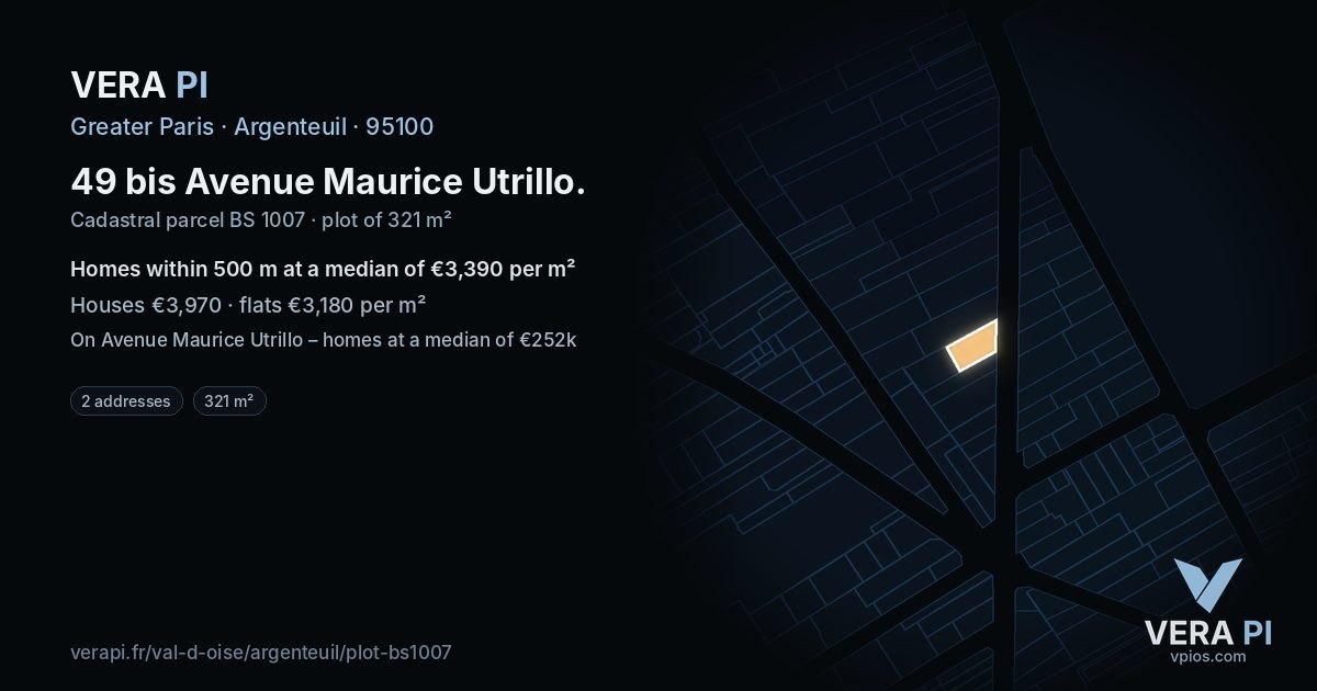 49 bis Avenue Maurice Utrillo, Argenteuil at night – the plot lit, the parcels around coloured by the prices near them