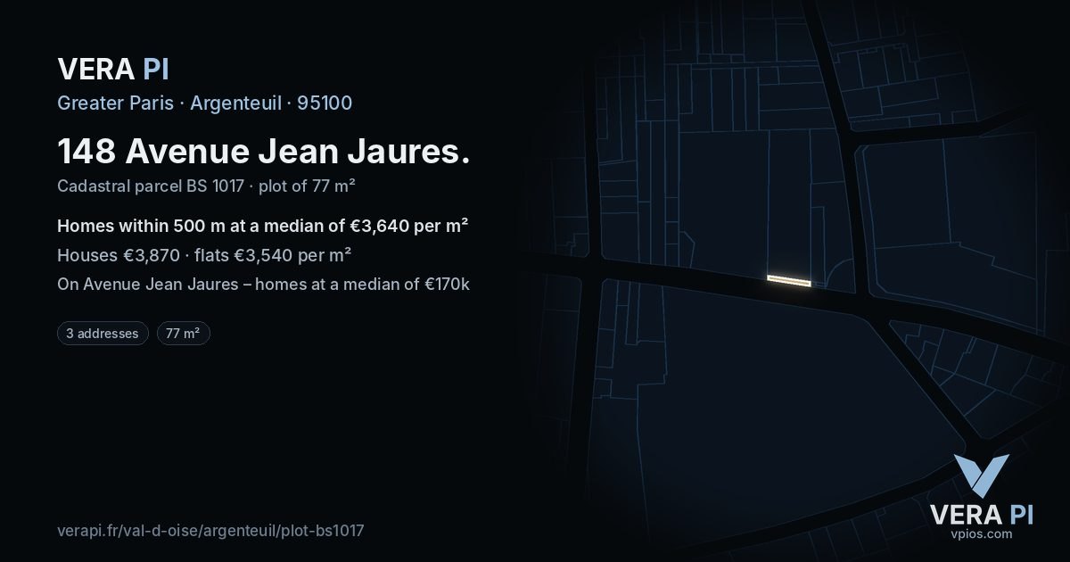 148 Avenue Jean Jaures, Argenteuil at night – the plot lit, the parcels around coloured by the prices near them