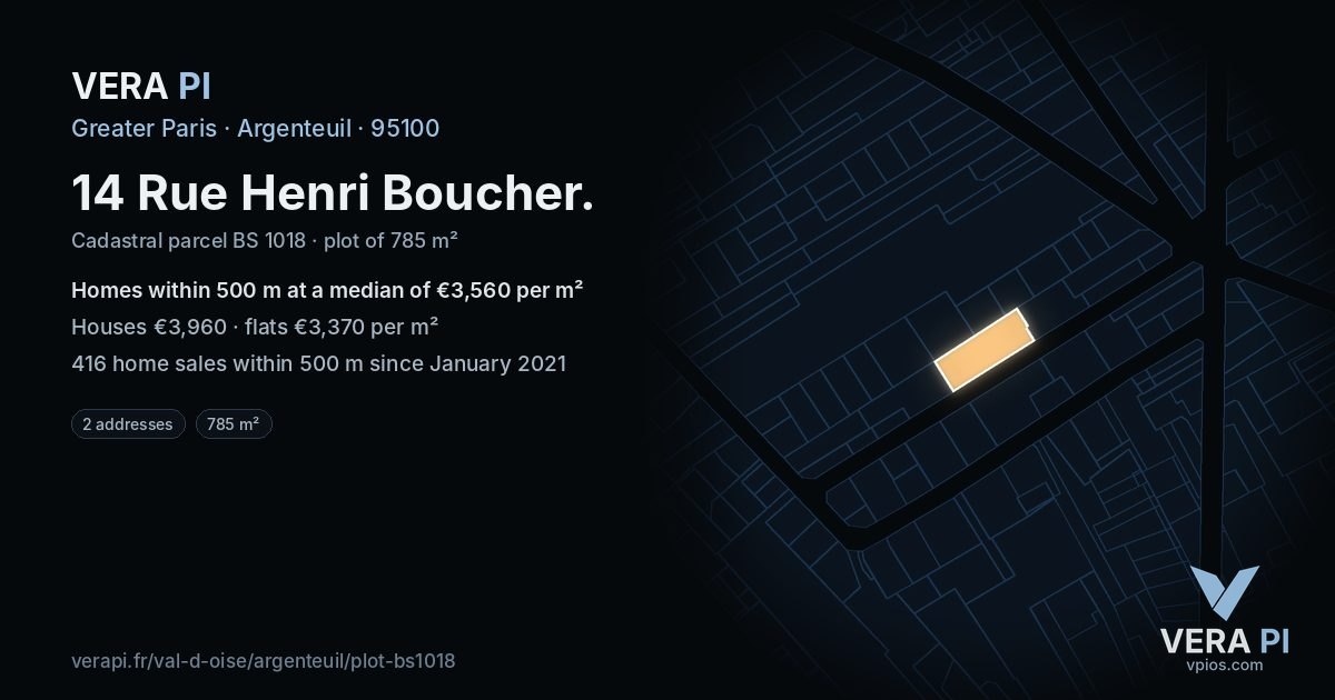 14 Rue Henri Boucher, Argenteuil at night – the plot lit, the parcels around coloured by the prices near them