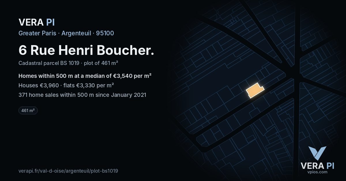 6 Rue Henri Boucher, Argenteuil at night – the plot lit, the parcels around coloured by the prices near them