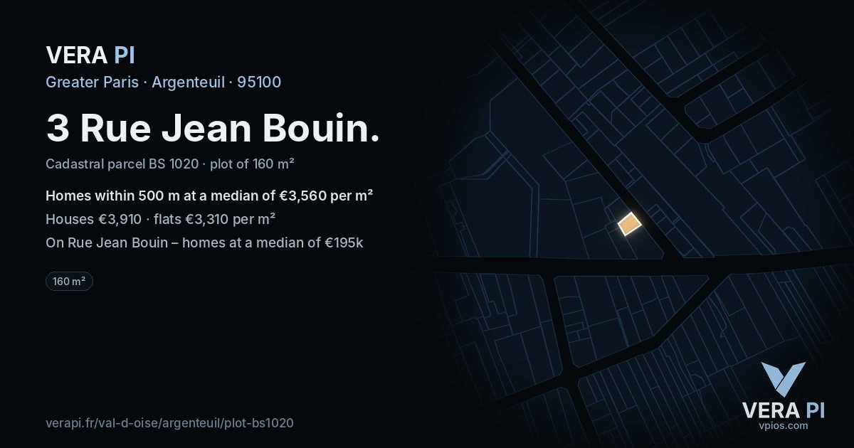 3 Rue Jean Bouin, Argenteuil at night – the plot lit, the parcels around coloured by the prices near them