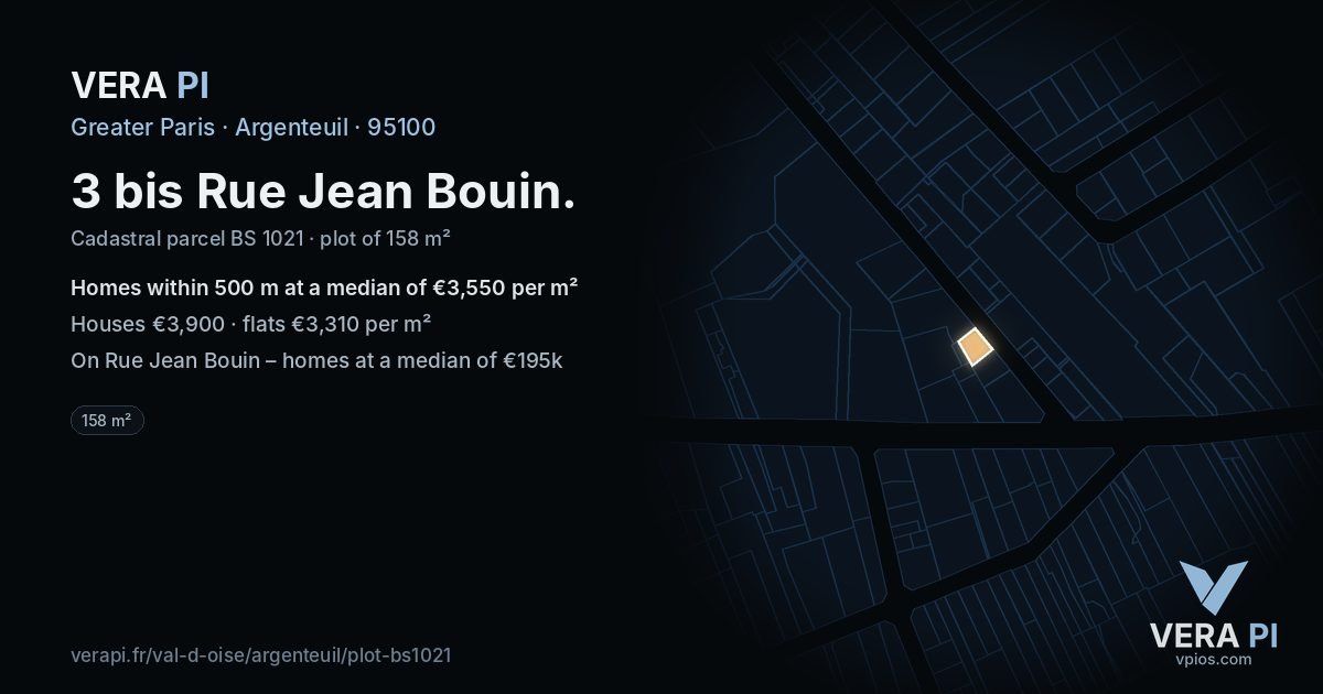 3 bis Rue Jean Bouin, Argenteuil at night – the plot lit, the parcels around coloured by the prices near them