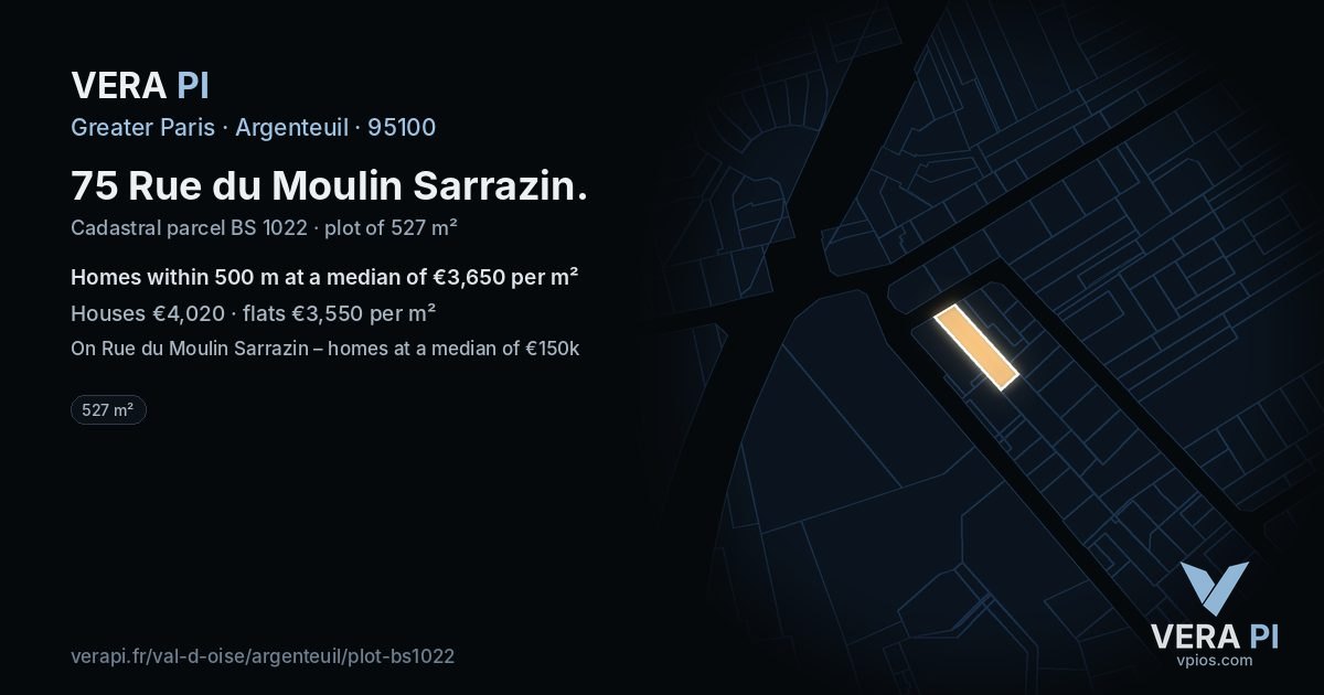 75 Rue du Moulin Sarrazin, Argenteuil at night – the plot lit, the parcels around coloured by the prices near them