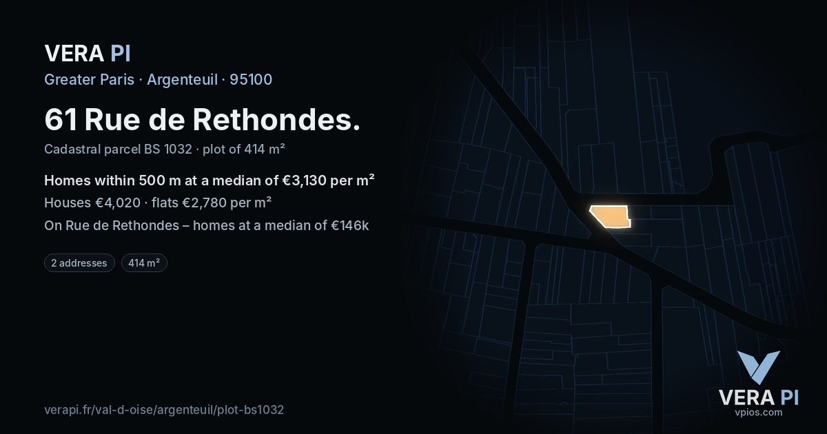 61 Rue de Rethondes, Argenteuil at night – the plot lit, the parcels around coloured by the prices near them