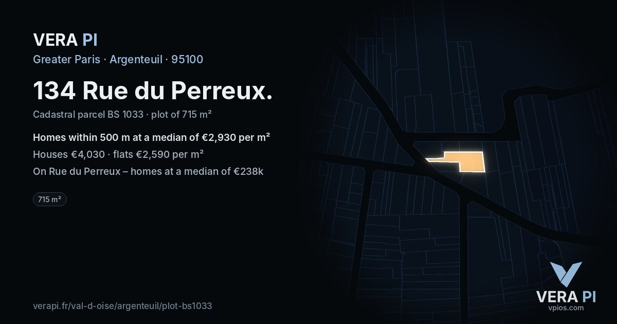 134 Rue du Perreux, Argenteuil at night – the plot lit, the parcels around coloured by the prices near them