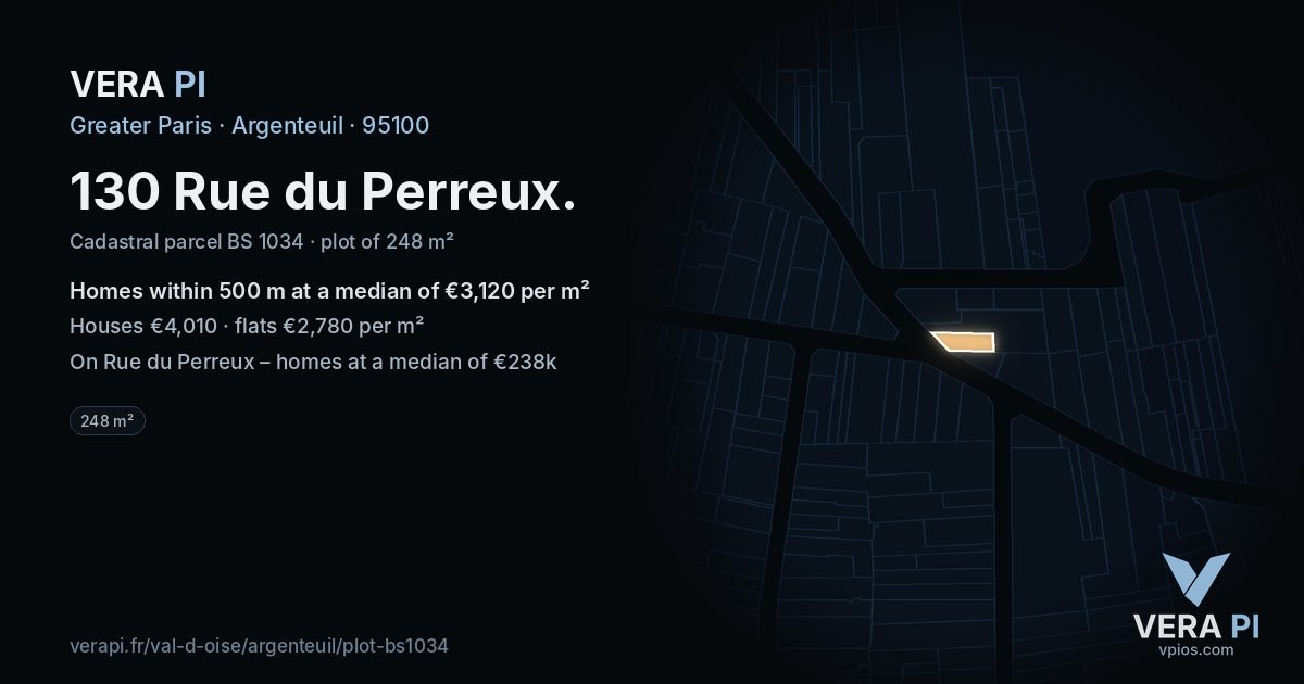 130 Rue du Perreux, Argenteuil at night – the plot lit, the parcels around coloured by the prices near them