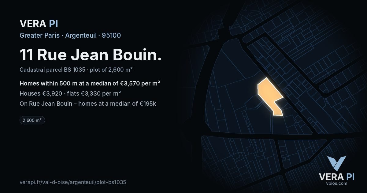 11 Rue Jean Bouin, Argenteuil at night – the plot lit, the parcels around coloured by the prices near them
