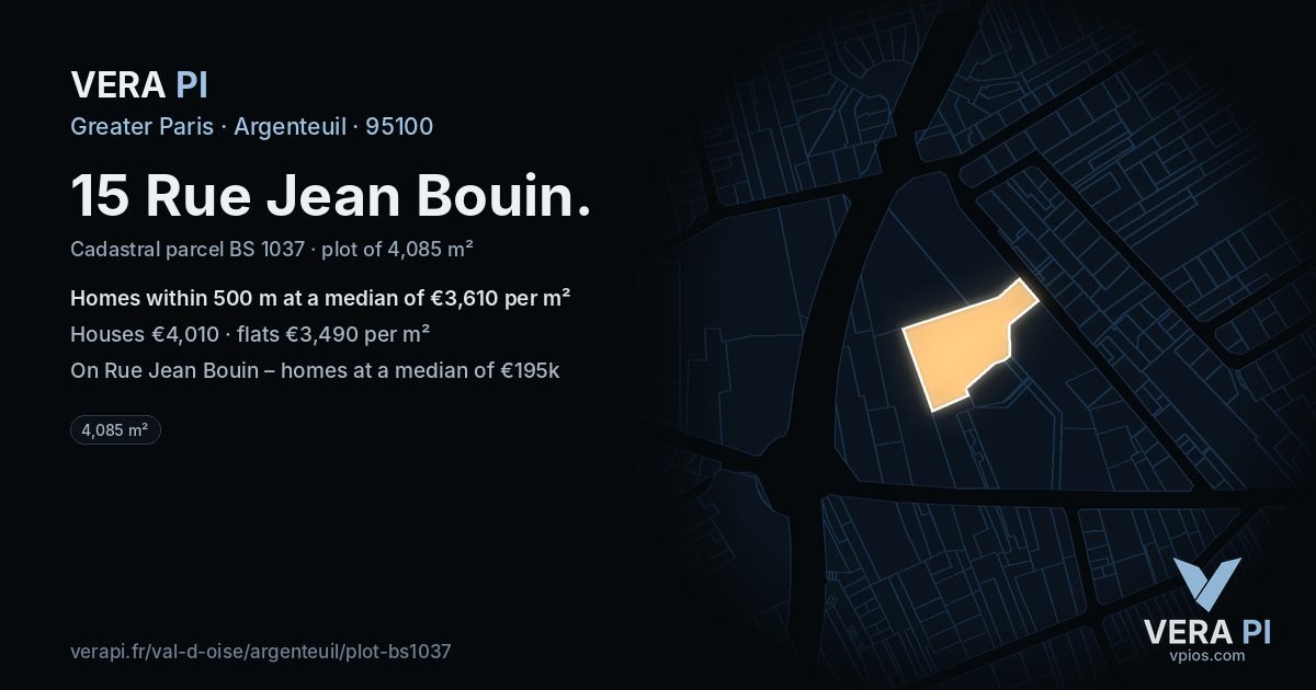 15 Rue Jean Bouin, Argenteuil at night – the plot lit, the parcels around coloured by the prices near them