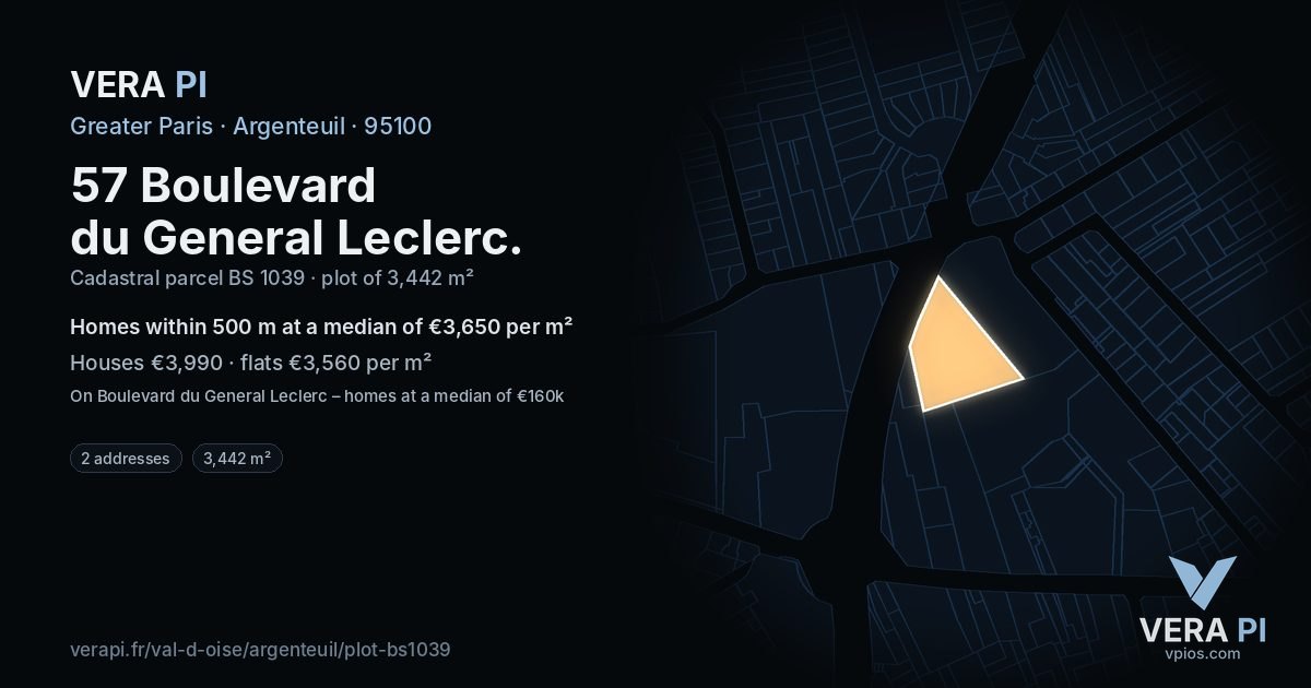 57 Boulevard du General Leclerc, Argenteuil at night – the plot lit, the parcels around coloured by the prices near them