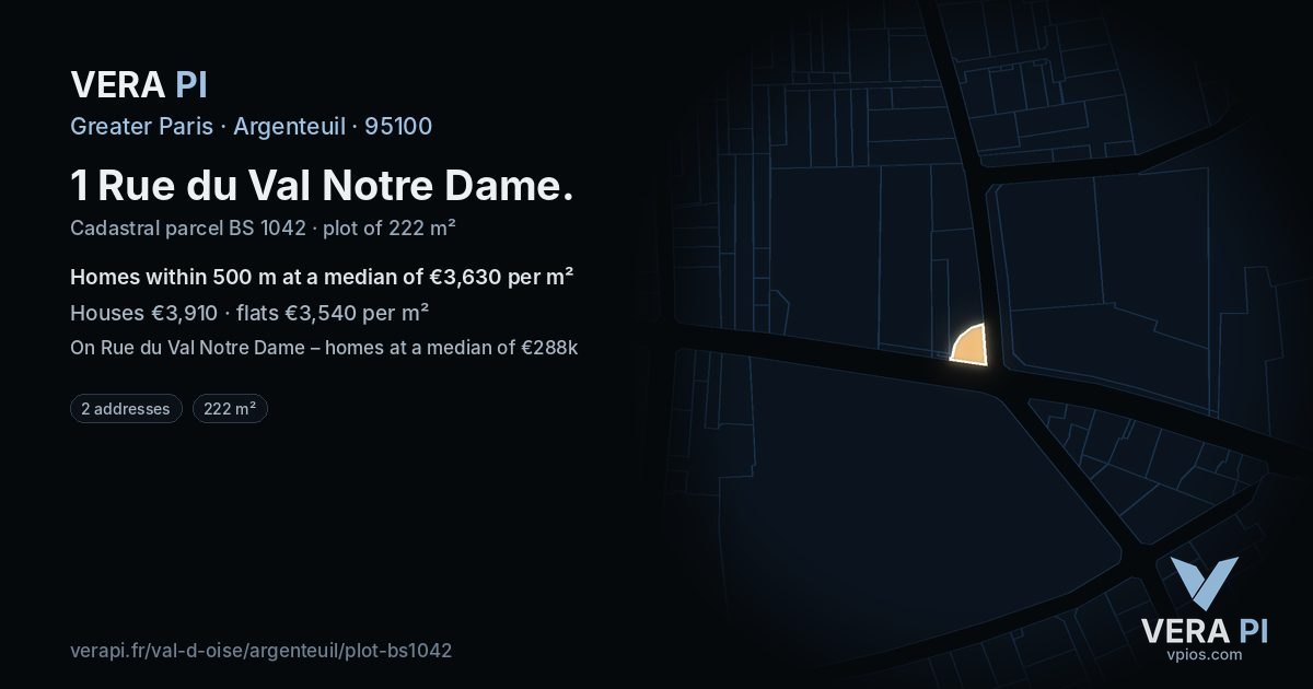1 Rue du Val Notre Dame, Argenteuil at night – the plot lit, the parcels around coloured by the prices near them