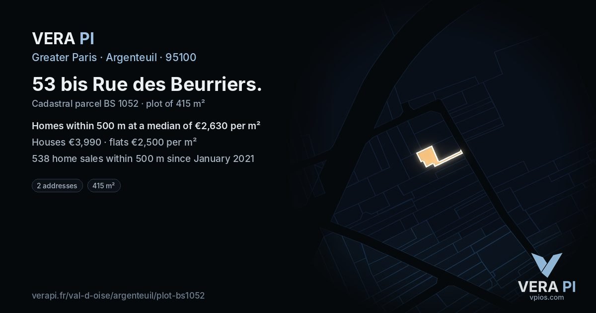 53 bis Rue des Beurriers, Argenteuil at night – the plot lit, the parcels around coloured by the prices near them